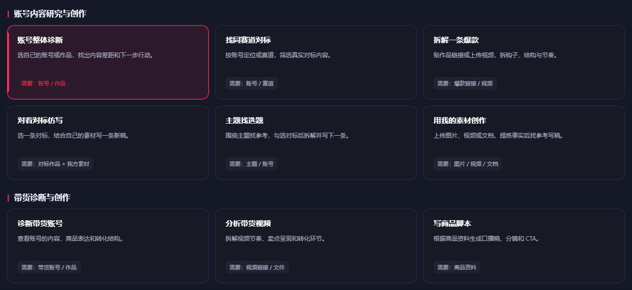 账号诊断首页的九张独立功能卡片